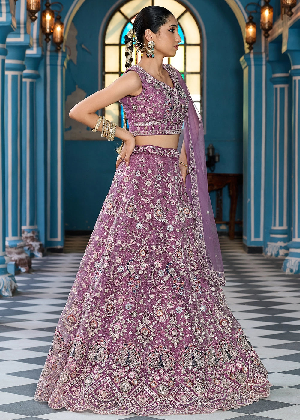 Amethyst Purple Embroidered Net Lehenga Choli with Sequins Work
