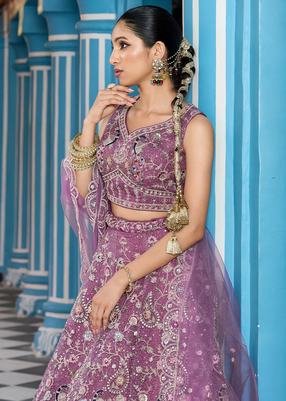 Amethyst Purple Embroidered Net Lehenga Choli with Sequins Work