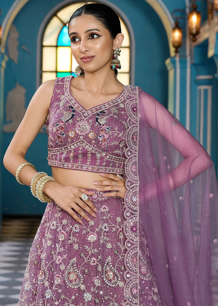 Amethyst Purple Embroidered Net Lehenga Choli with Sequins Work