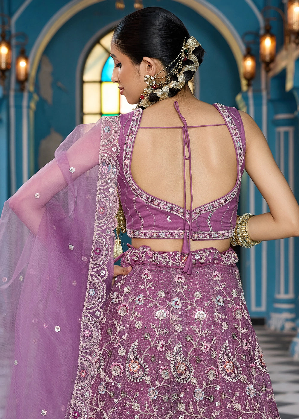 Amethyst Purple Embroidered Net Lehenga Choli with Sequins Work