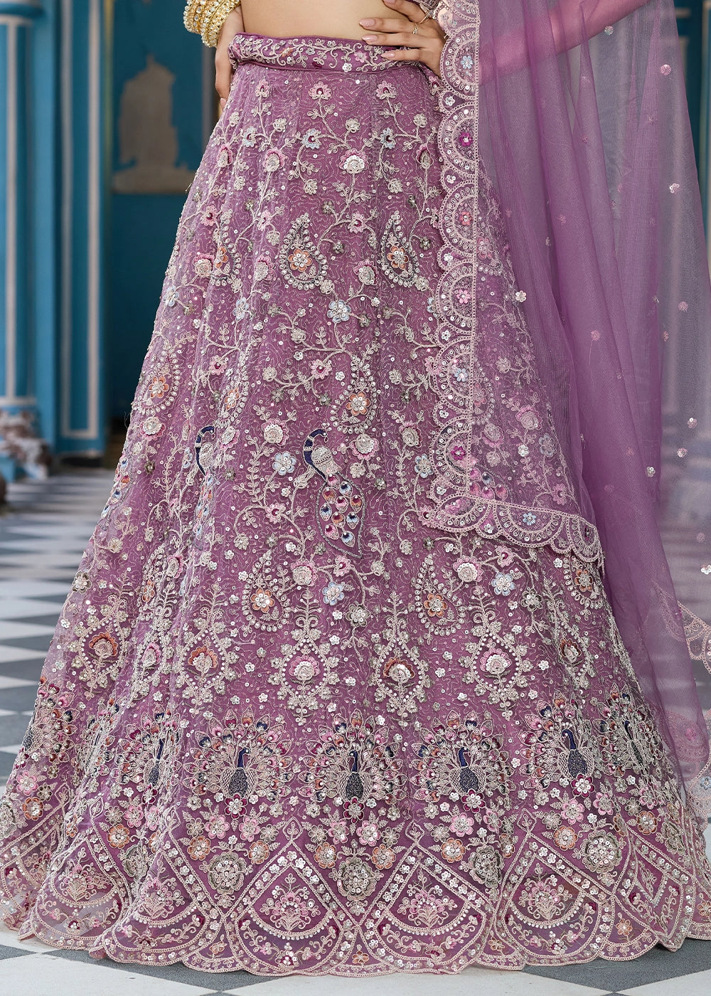 Amethyst Purple Embroidered Net Lehenga Choli with Sequins Work