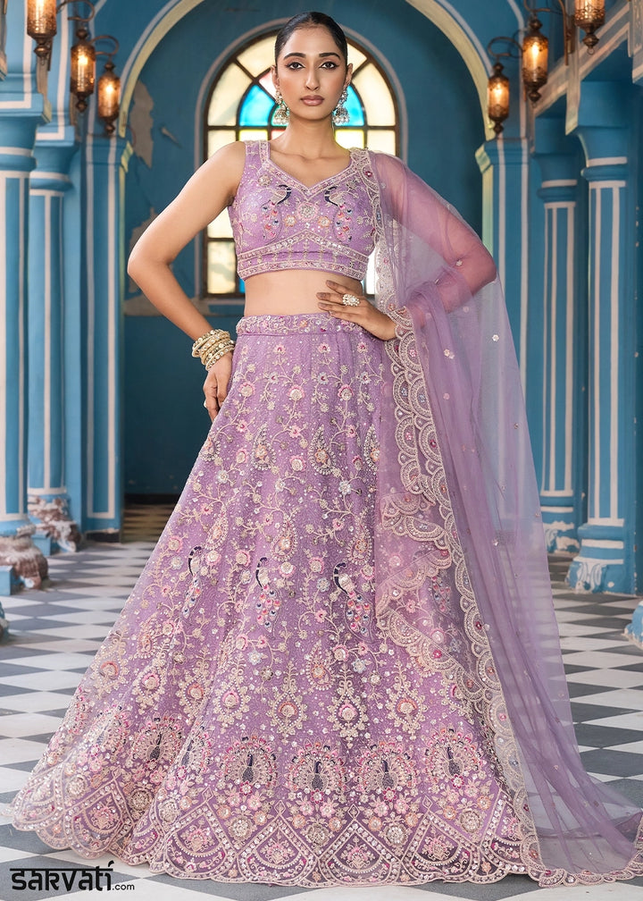 Mauve Purple Embroidered Net Lehenga Choli with Sequins Work