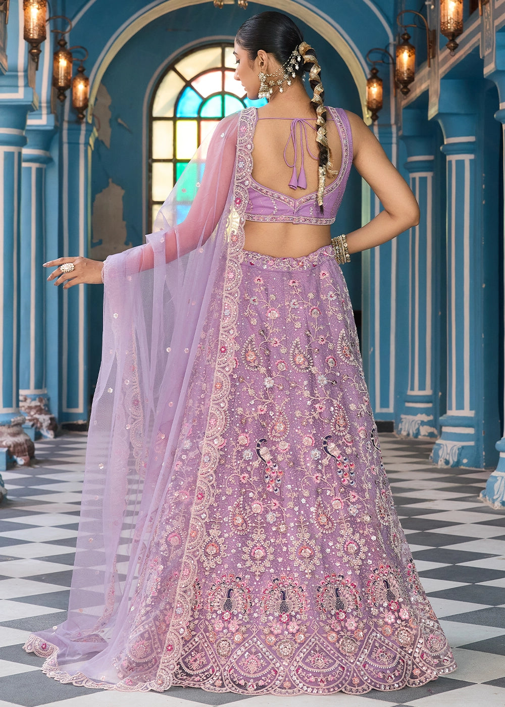 Mauve Purple Embroidered Net Lehenga Choli with Sequins Work