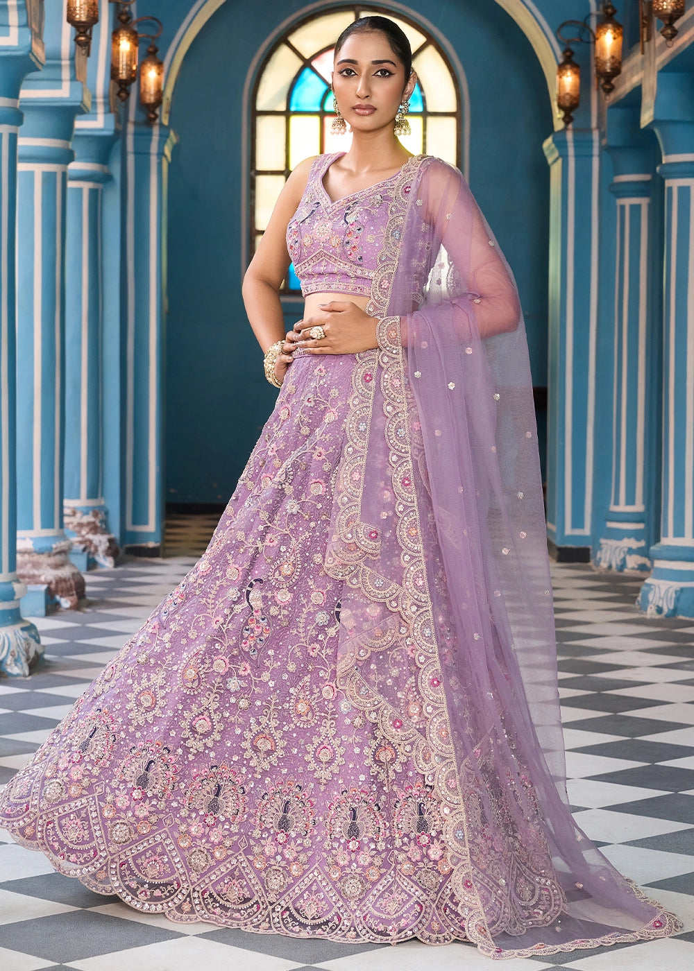Mauve Purple Embroidered Net Lehenga Choli with Sequins Work