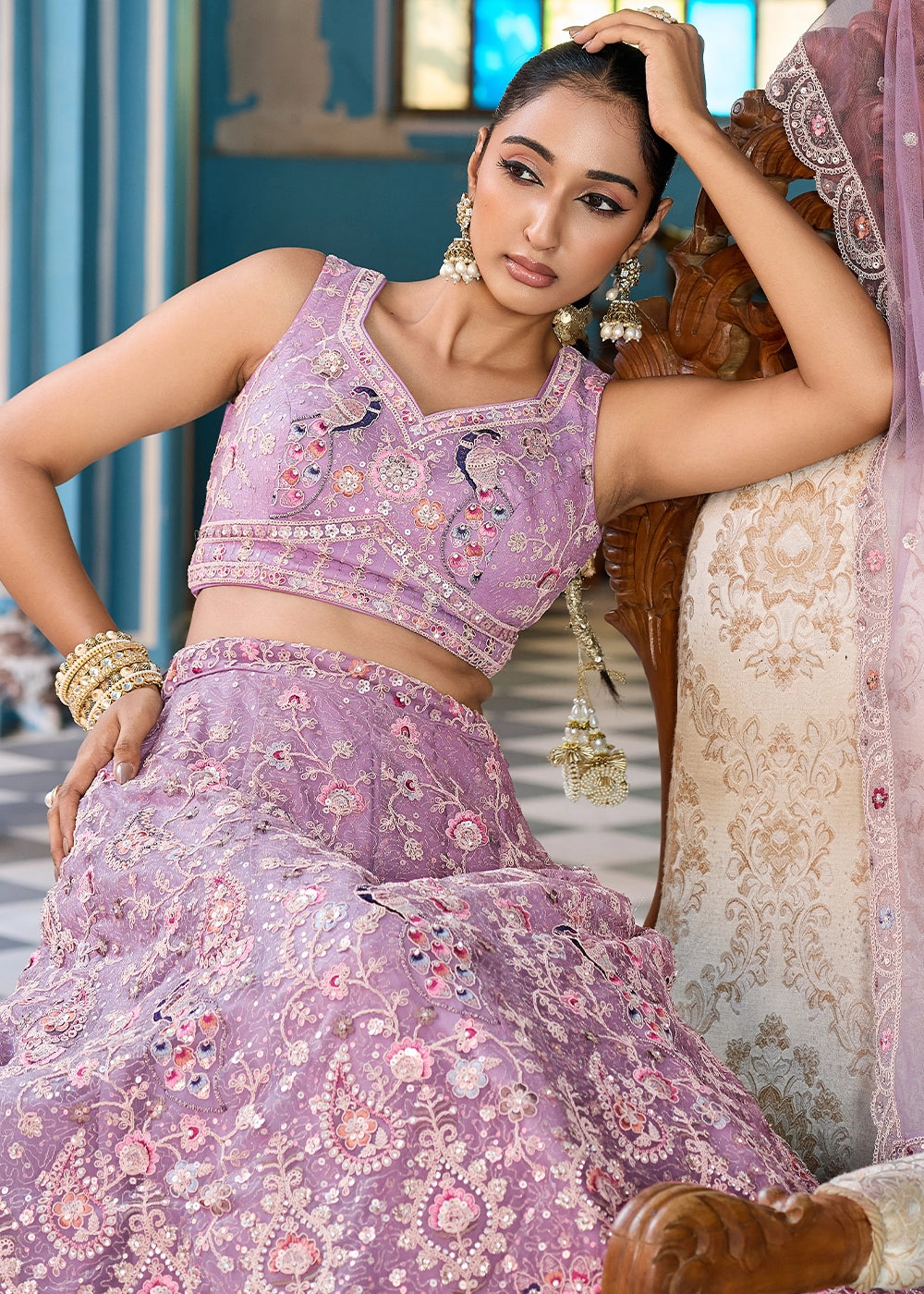 Mauve Purple Embroidered Net Lehenga Choli with Sequins Work