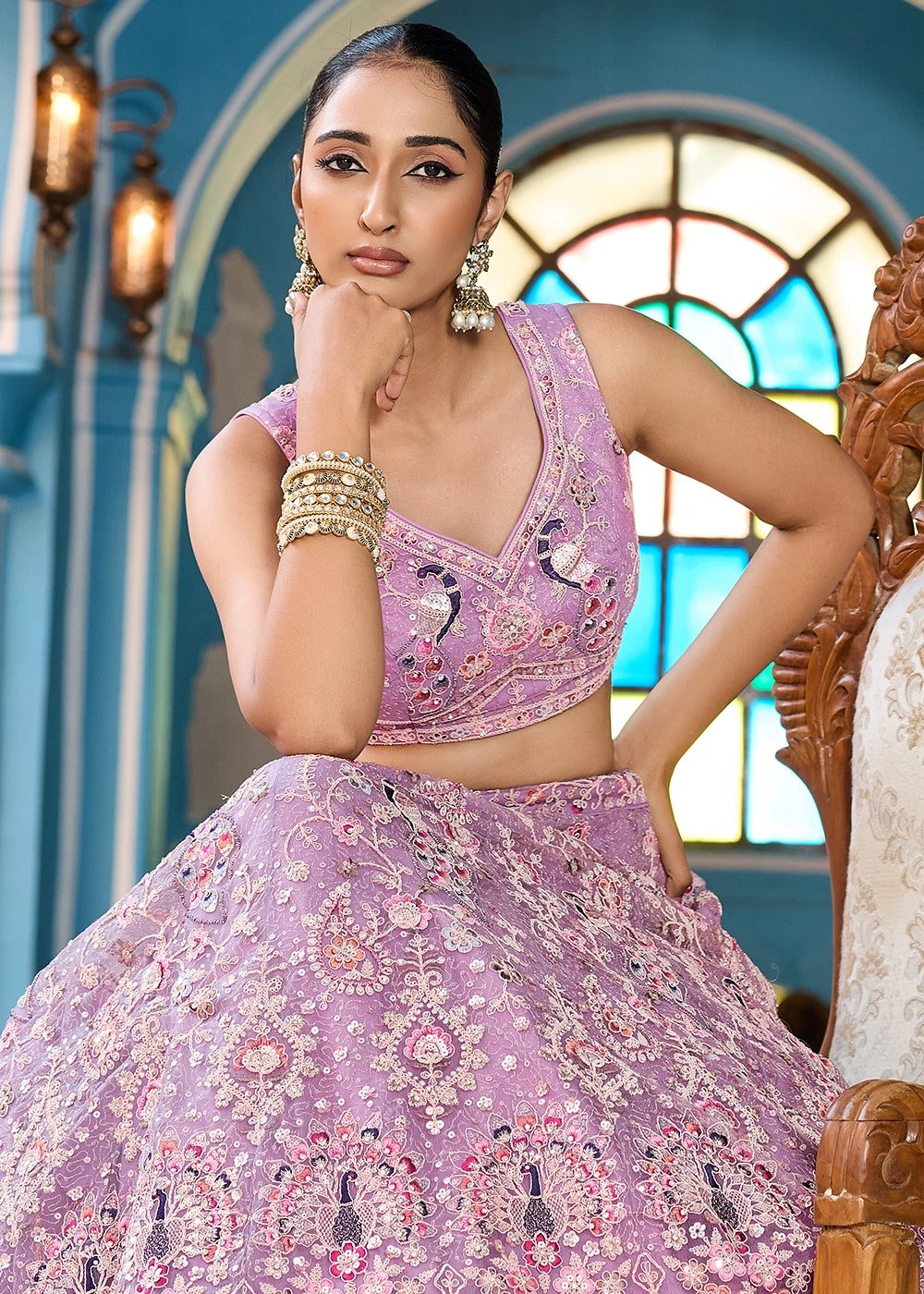 Mauve Purple Embroidered Net Lehenga Choli with Sequins Work