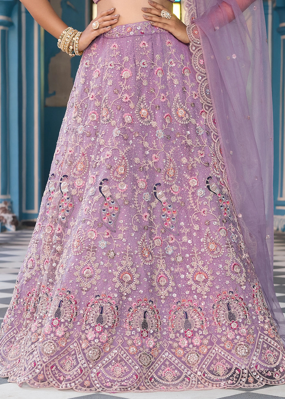 Mauve Purple Embroidered Net Lehenga Choli with Sequins Work