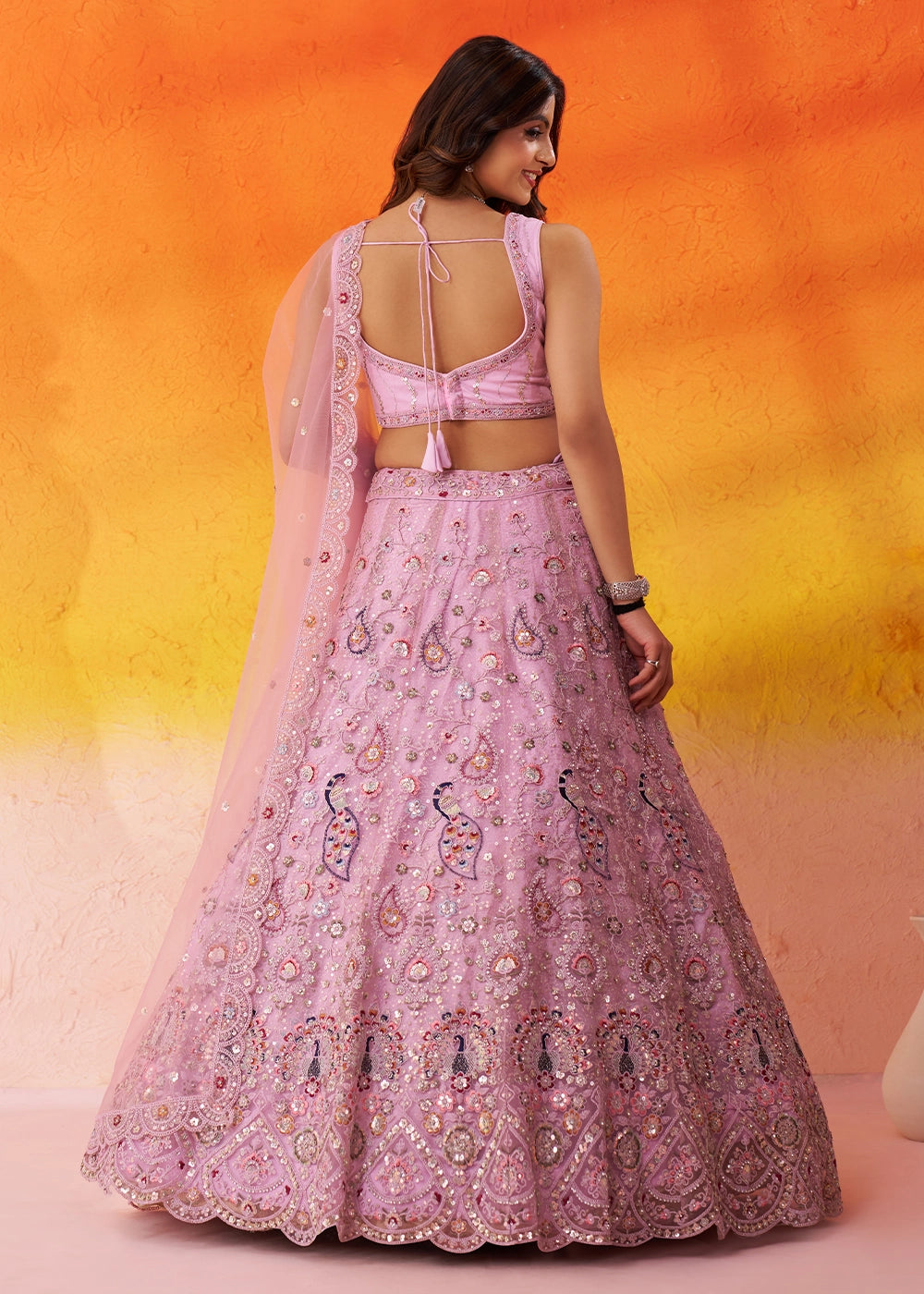 Cherry Pink Net Embellished Lehenga Choli with Sequins Embroidery