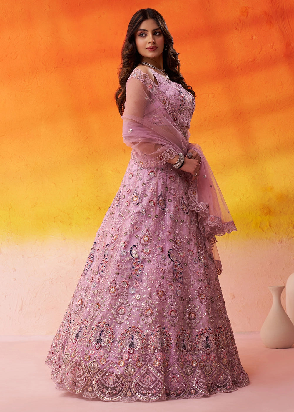 Cherry Pink Net Embellished Lehenga Choli with Sequins Embroidery