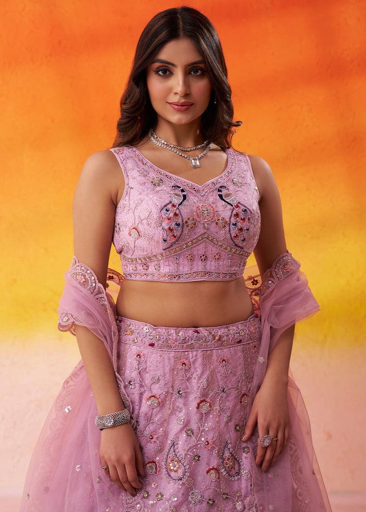 Cherry Pink Net Embellished Lehenga Choli with Sequins Embroidery