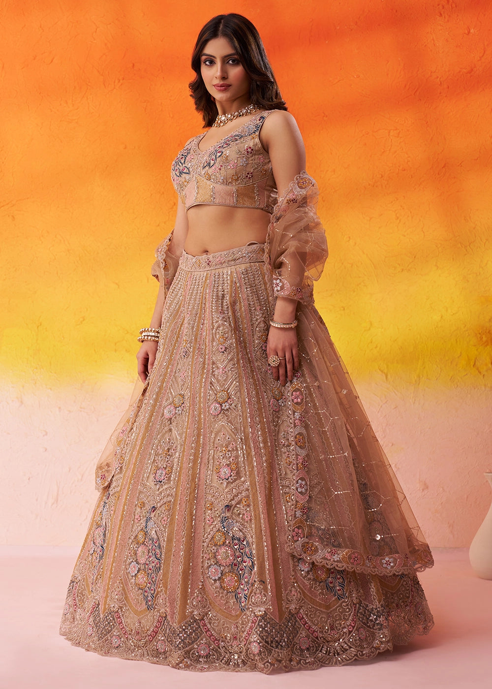 Desert Brown Net Embellished Lehenga Choli with Sequins Embroidery