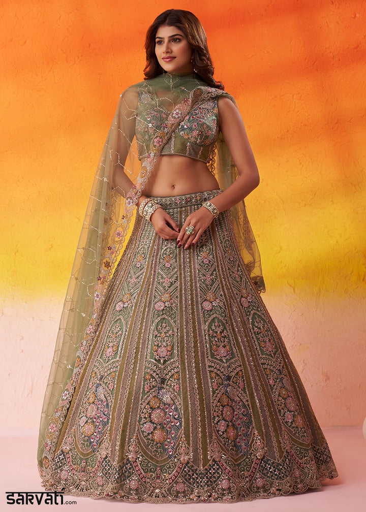 Shades Of Green Net Embellished Lehenga Choli with Sequins Embroidery
