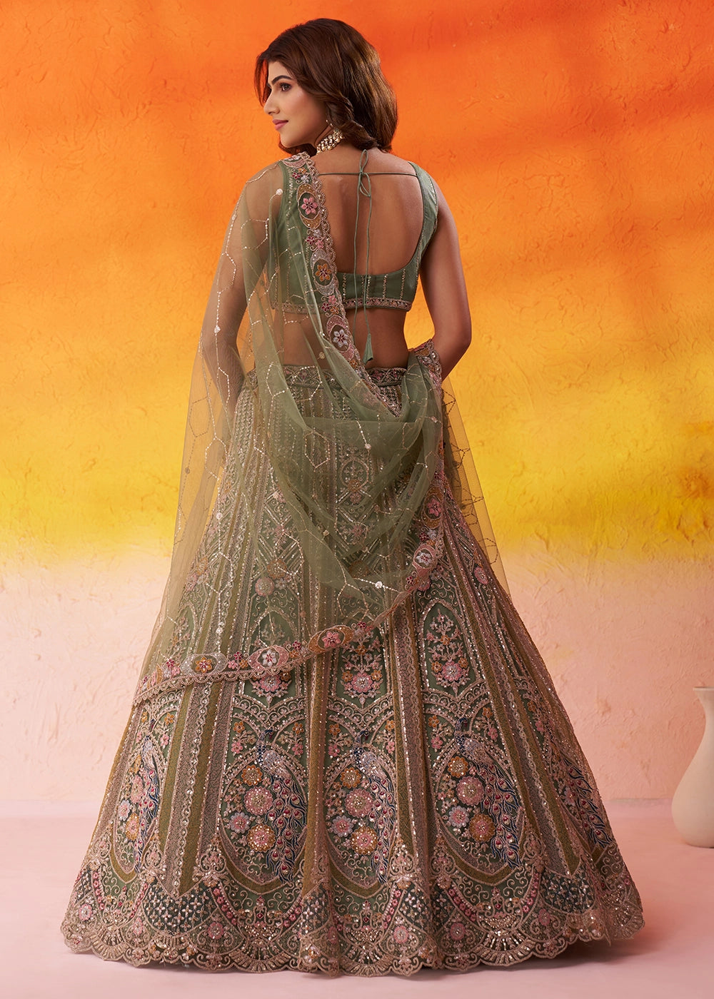 Shades Of Green Net Embellished Lehenga Choli with Sequins Embroidery