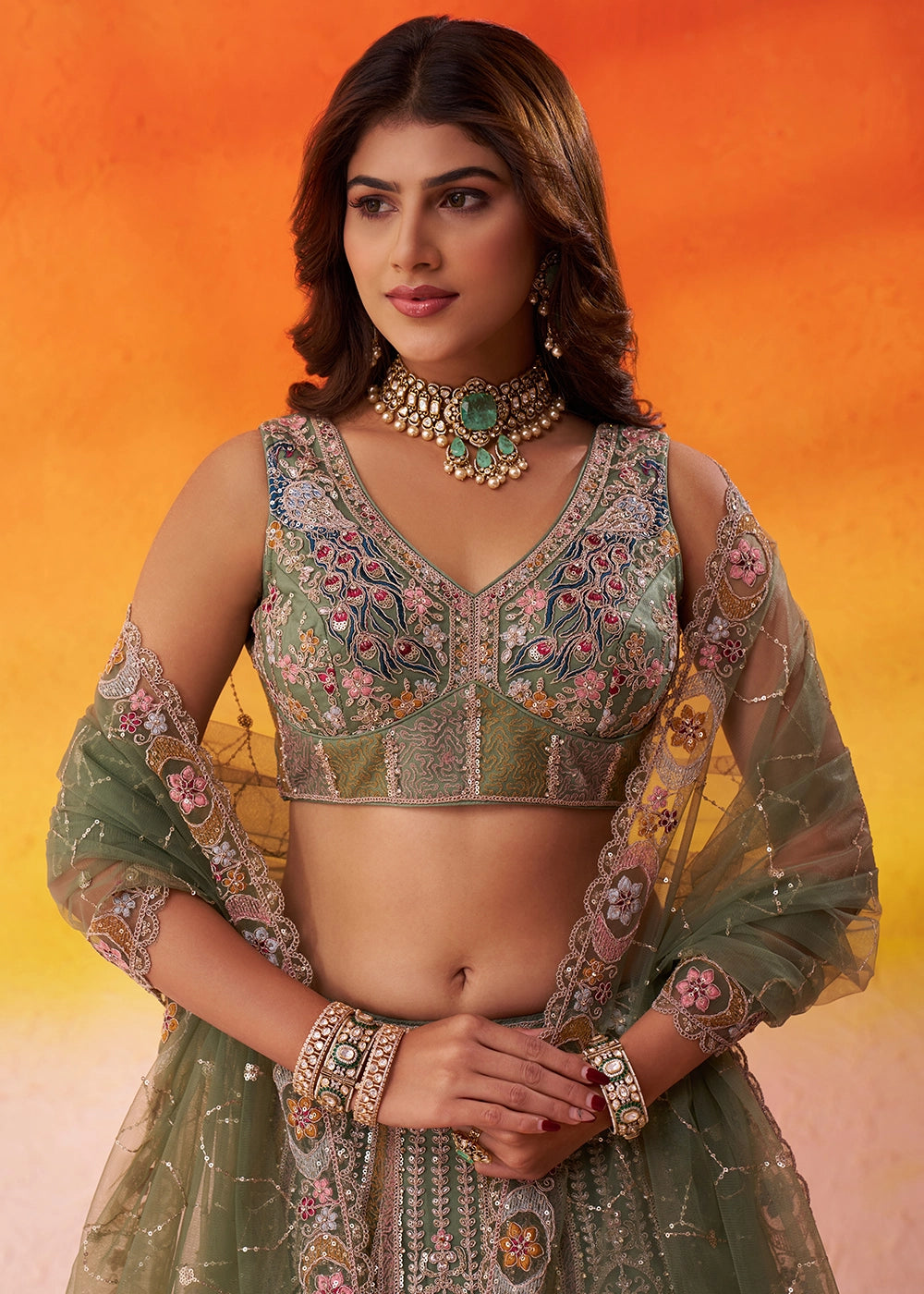 Shades Of Green Net Embellished Lehenga Choli with Sequins Embroidery