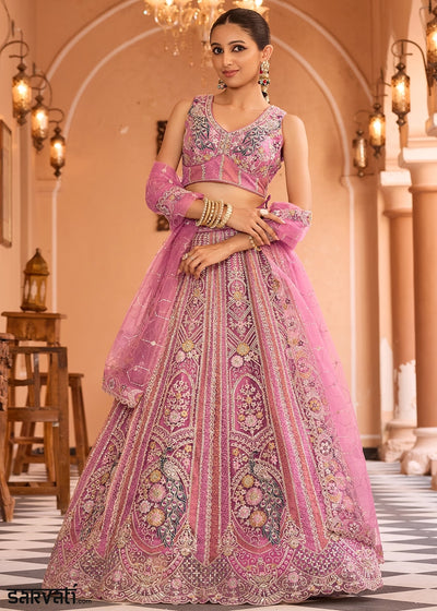 Shades Of Pink Embroidered Net Lehenga Choli with Sequins Work