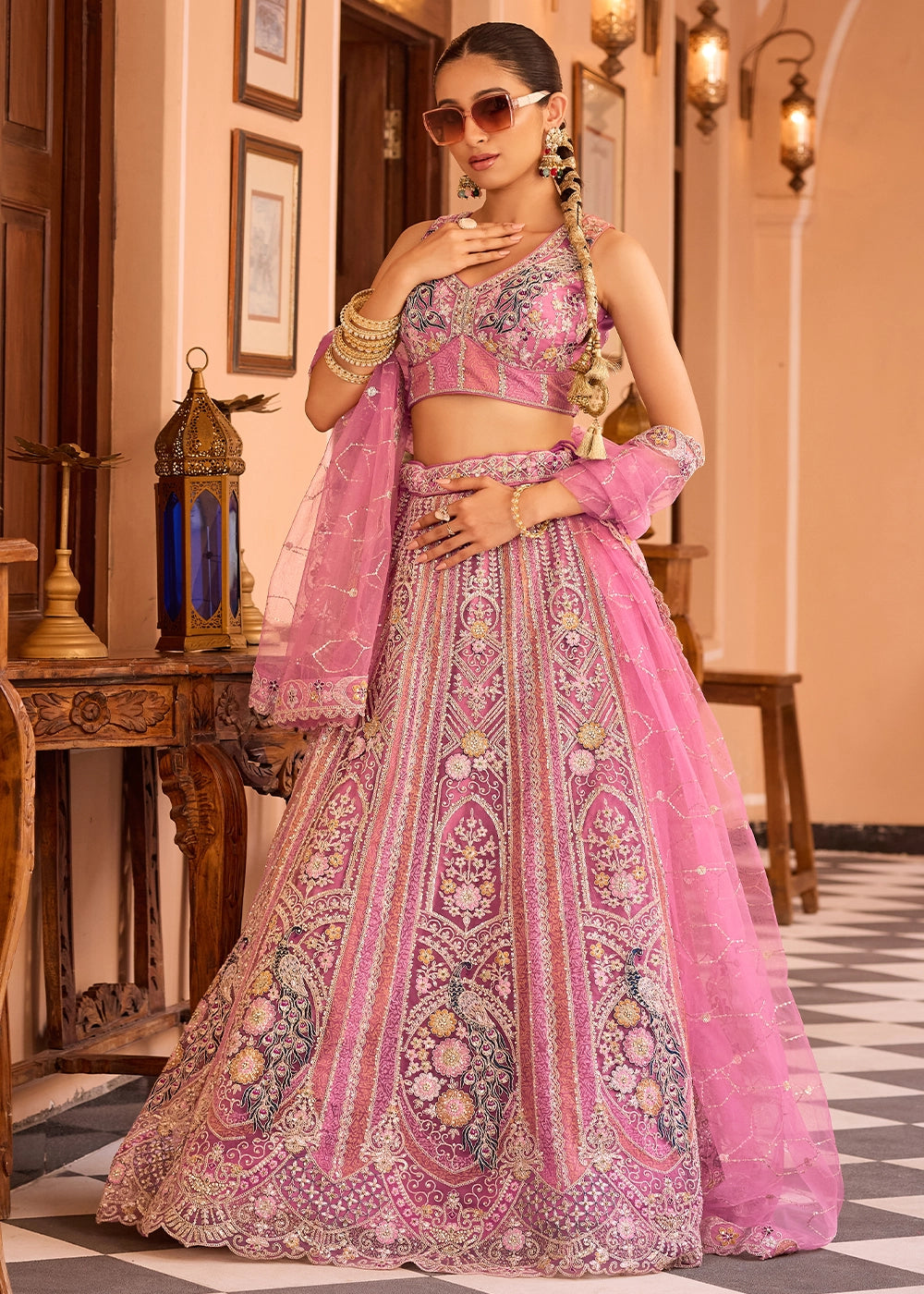 Shades Of Pink Embroidered Net Lehenga Choli with Sequins Work