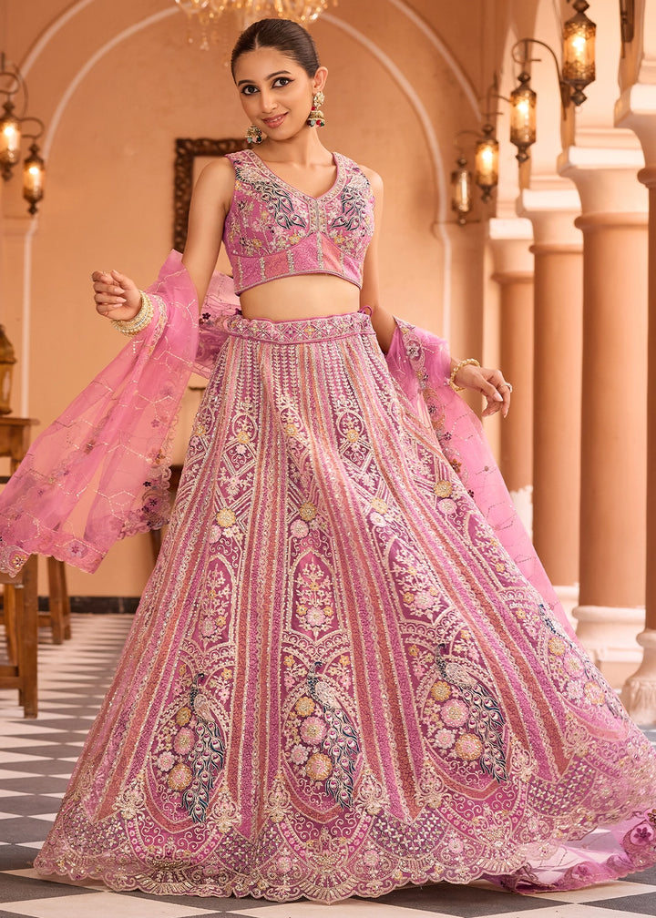Shades Of Pink Embroidered Net Lehenga Choli with Sequins Work