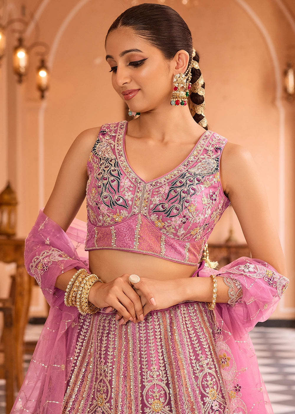 Shades Of Pink Embroidered Net Lehenga Choli with Sequins Work
