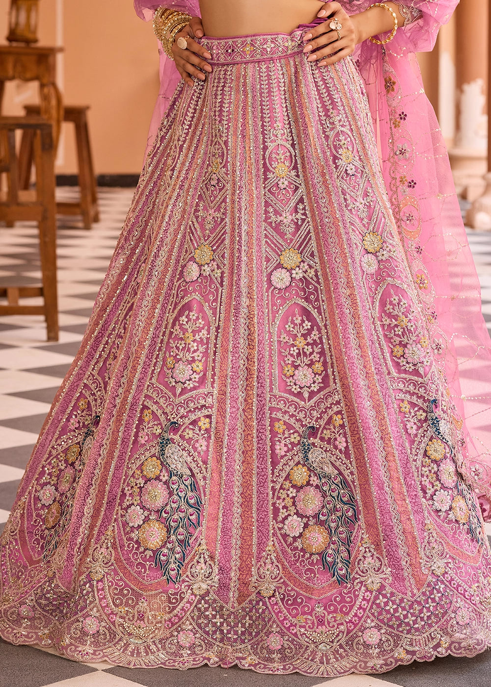 Shades Of Pink Embroidered Net Lehenga Choli with Sequins Work