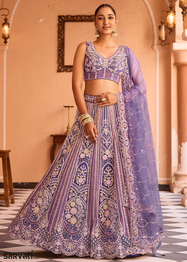 Shades Of Purple Embroidered Net Lehenga Choli with Sequins Work