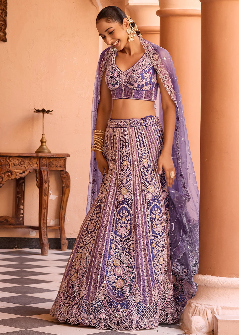 Shades Of Purple Embroidered Net Lehenga Choli with Sequins Work