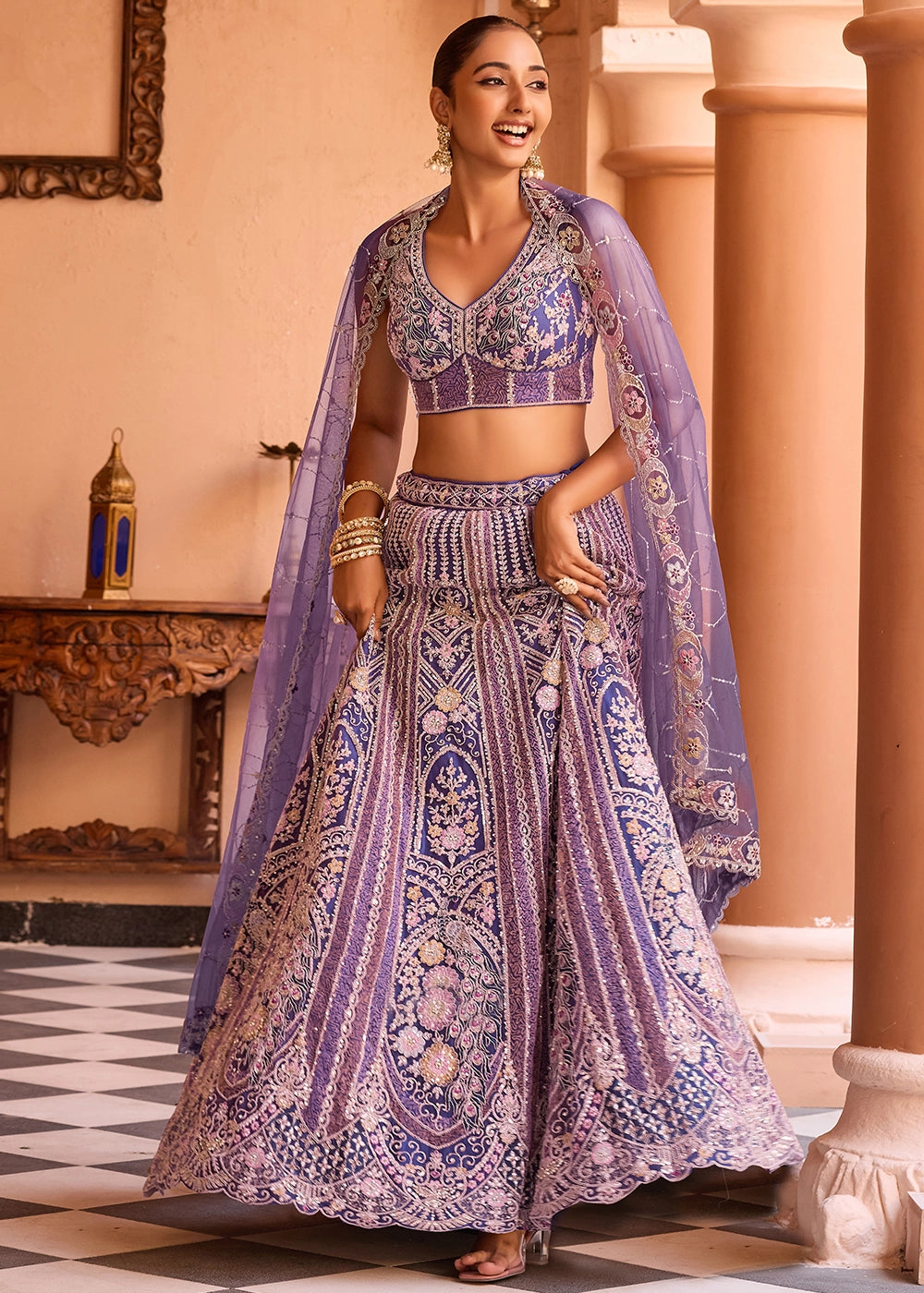 Shades Of Purple Embroidered Net Lehenga Choli with Sequins Work