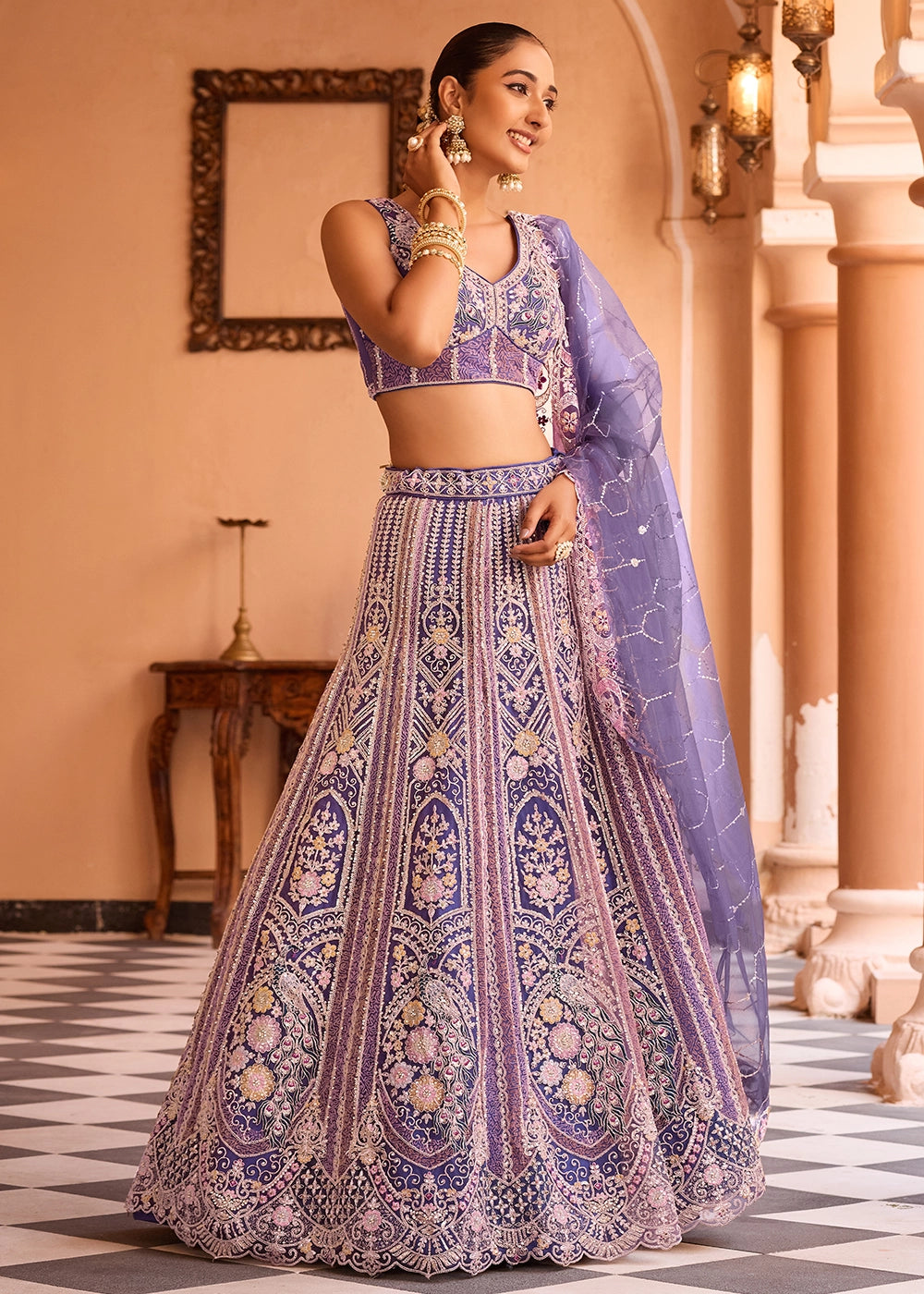 Shades Of Purple Embroidered Net Lehenga Choli with Sequins Work