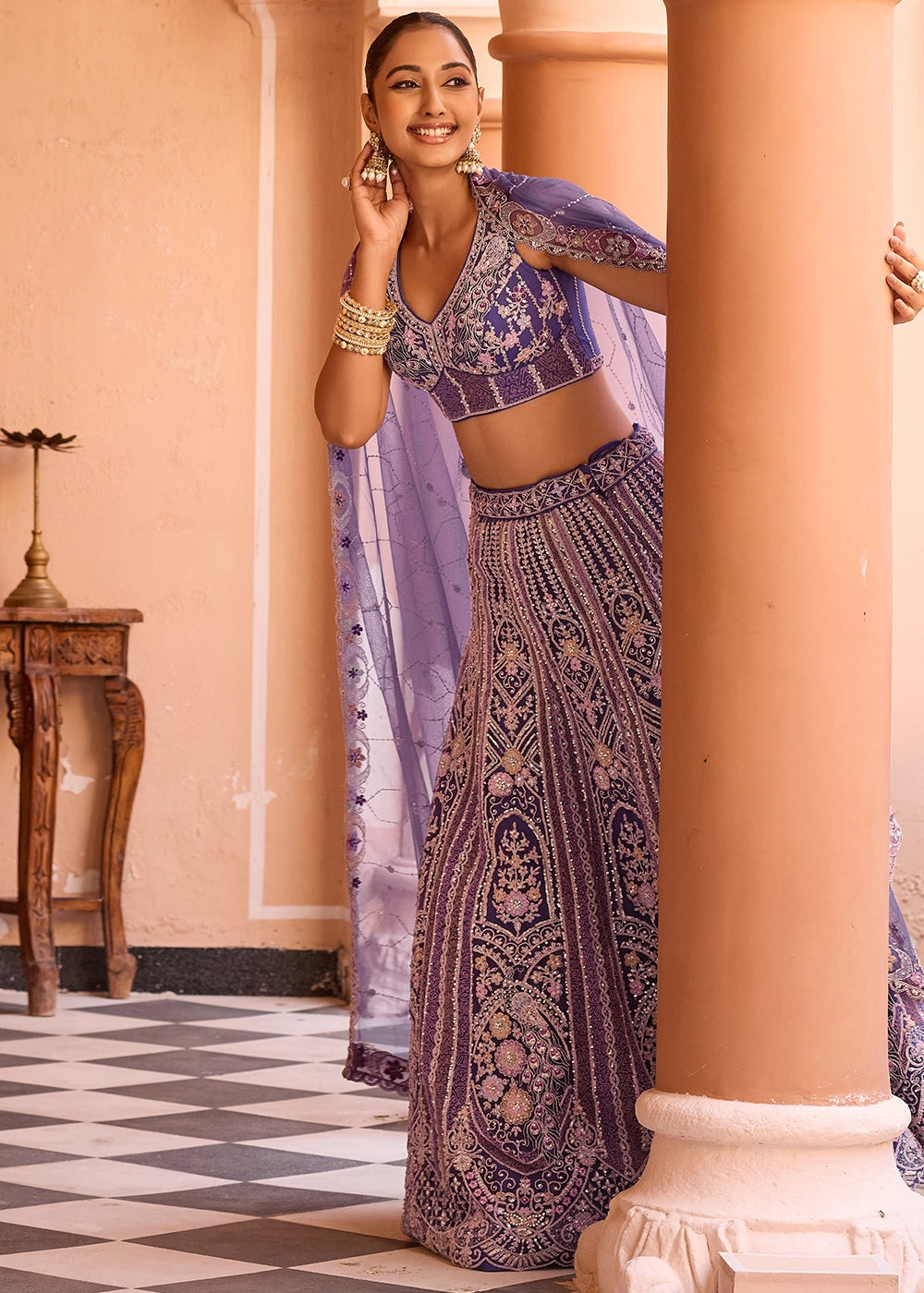 Shades Of Purple Embroidered Net Lehenga Choli with Sequins Work