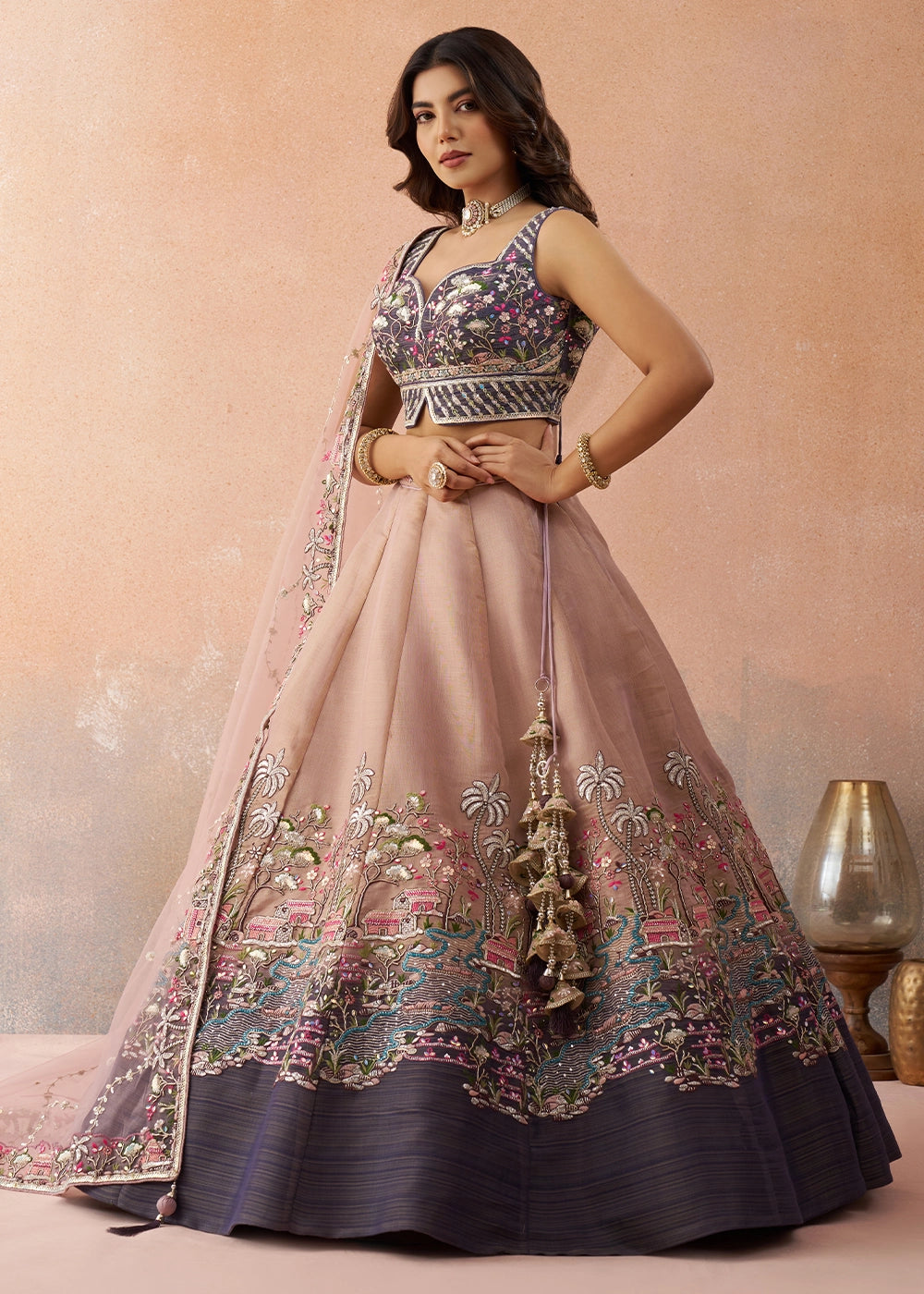 Shades Of Purple Net Lehenga Choli with Floral & Sequin Embroidery