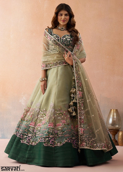 Tea Green Net Lehenga Choli with Floral & Sequin Embroidery