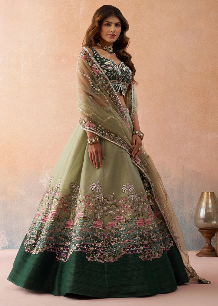 Tea Green Net Lehenga Choli with Floral & Sequin Embroidery