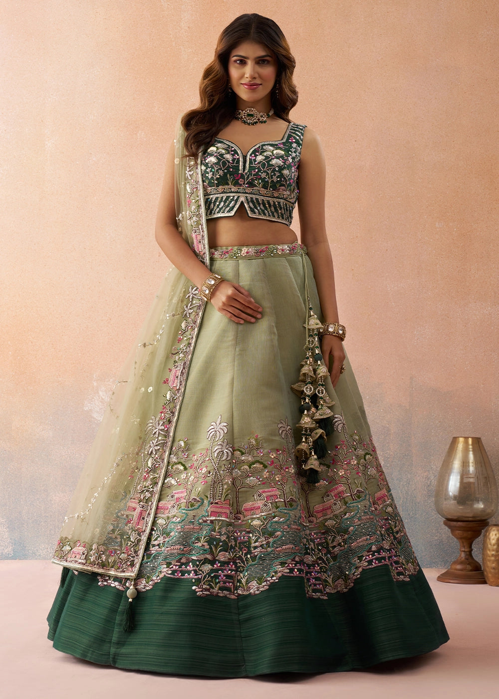 Tea Green Net Lehenga Choli with Floral & Sequin Embroidery