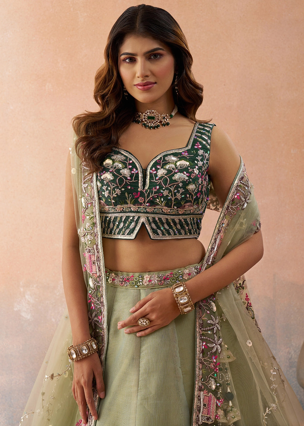 Tea Green Net Lehenga Choli with Floral & Sequin Embroidery