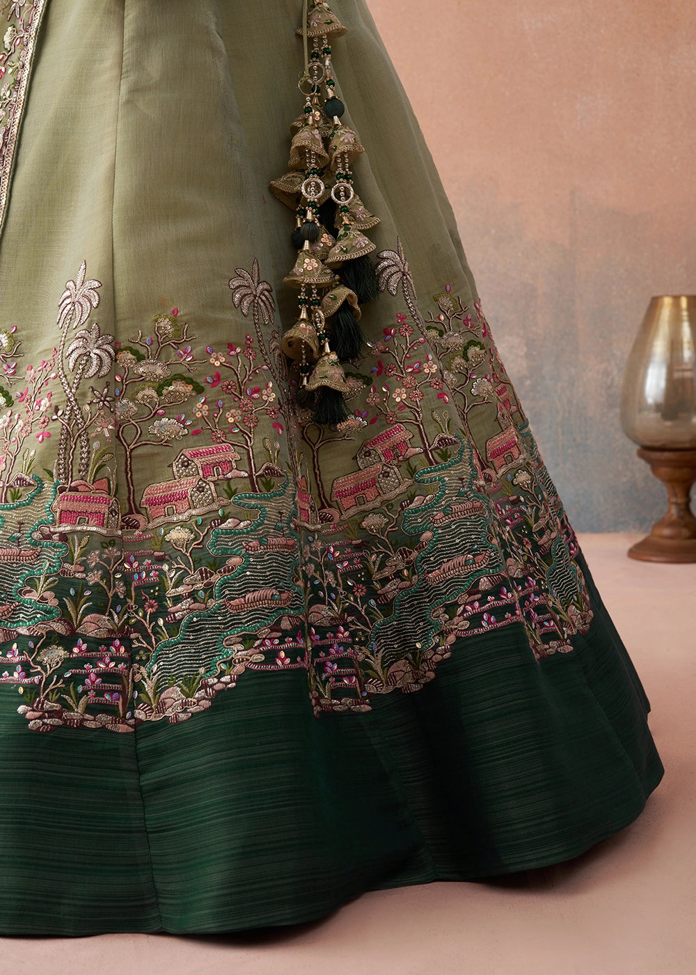 Tea Green Net Lehenga Choli with Floral & Sequin Embroidery