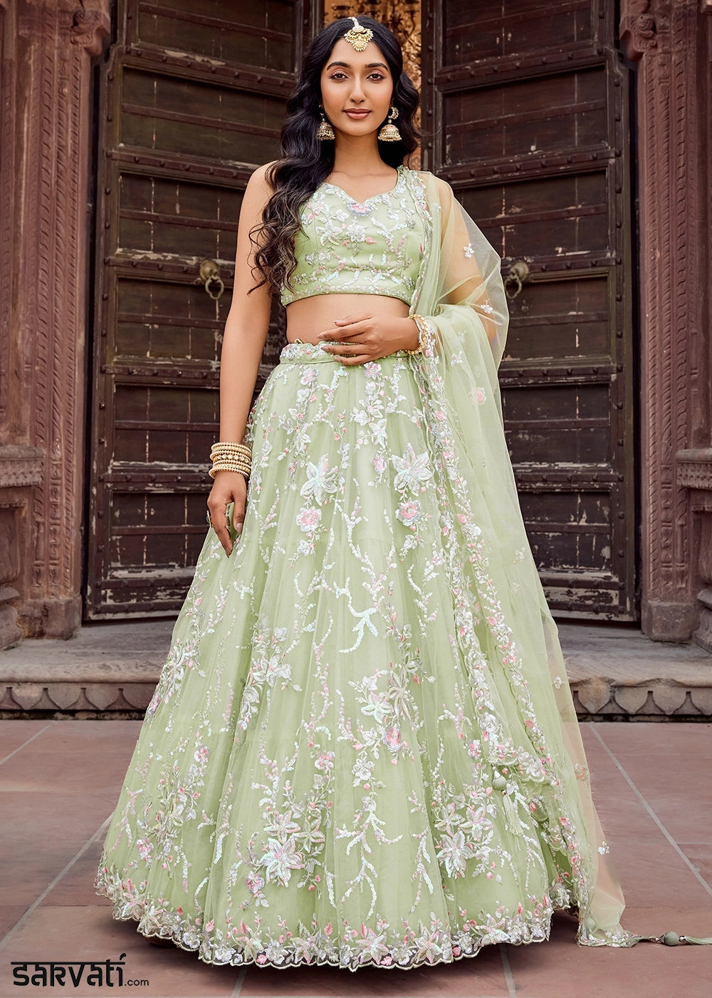 Pear Green Embroidered Net Lehenga Choli with Sequins Work