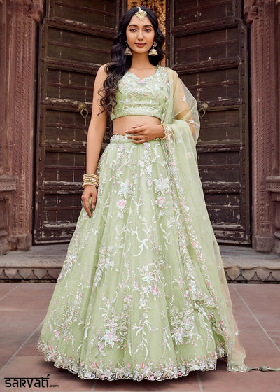 Pear Green Embroidered Net Lehenga Choli with Sequins Work