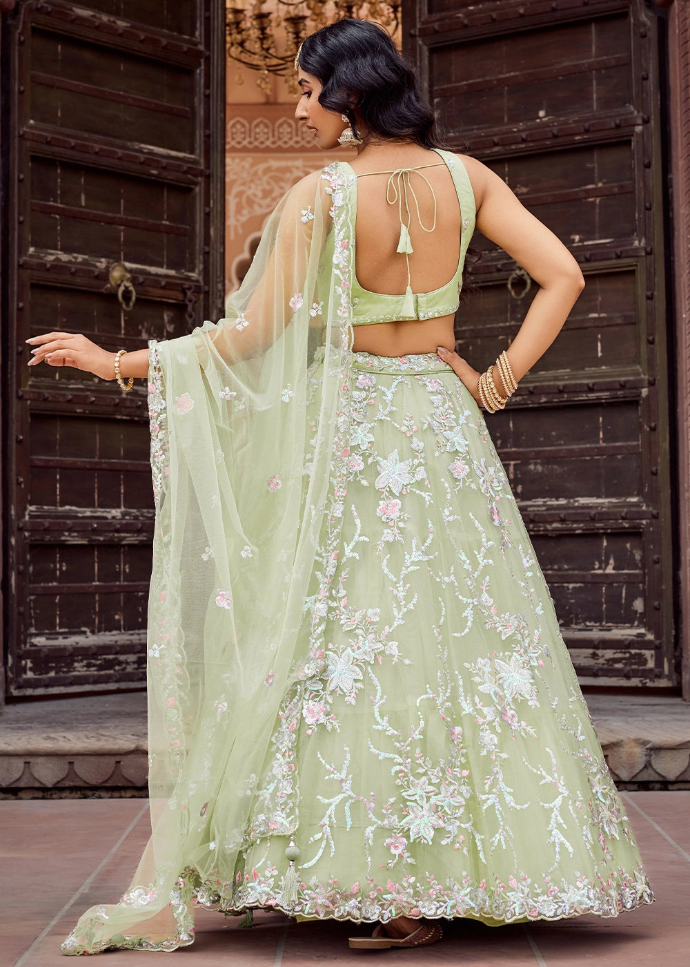 Pear Green Embroidered Net Lehenga Choli with Sequins Work