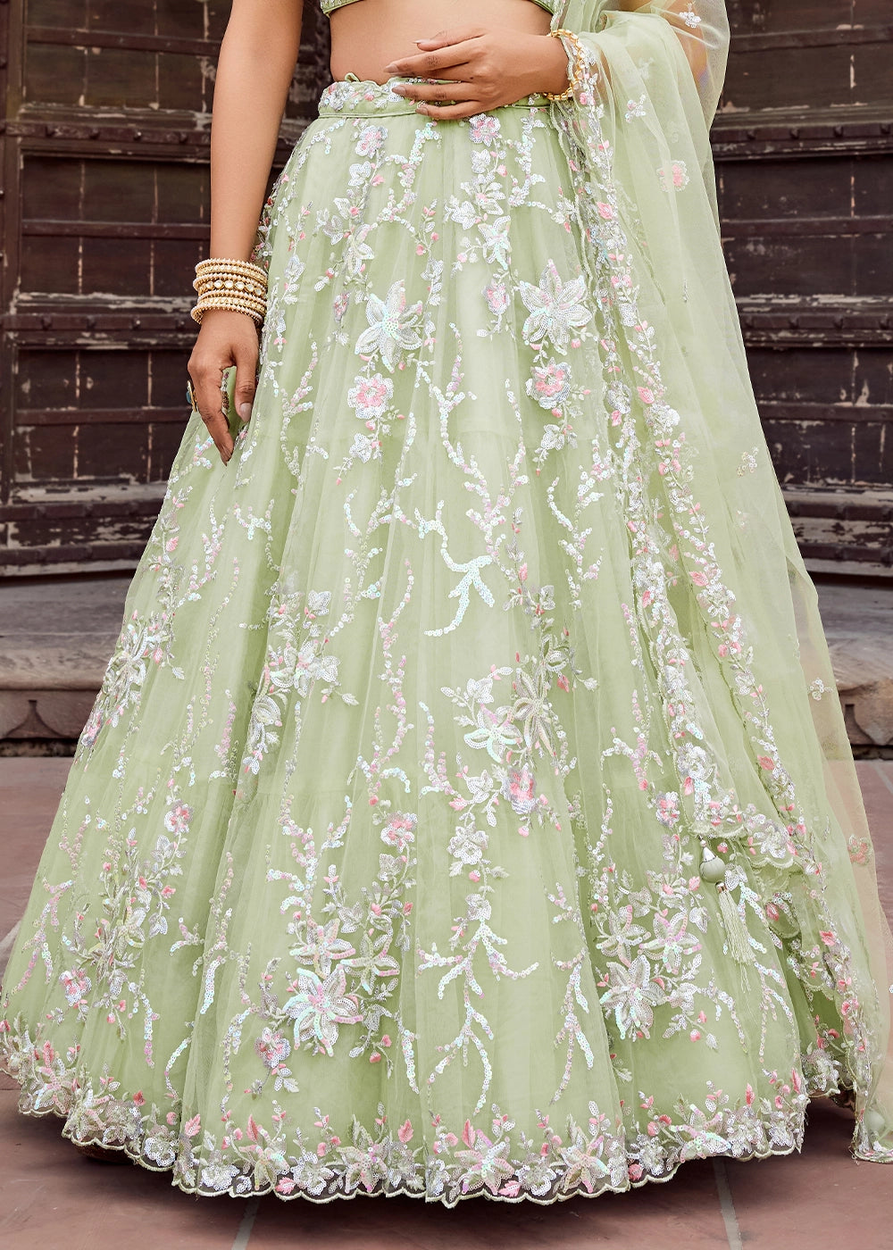 Pear Green Embroidered Net Lehenga Choli with Sequins Work