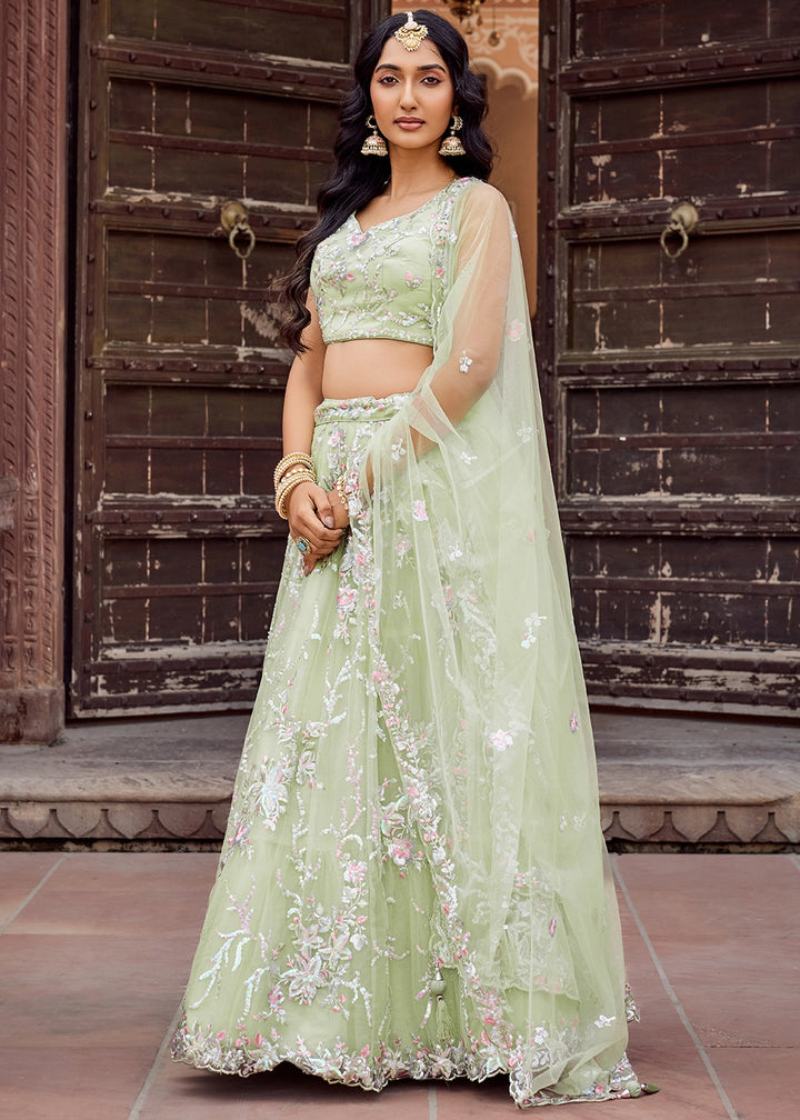 Pear Green Embroidered Net Lehenga Choli with Sequins Work