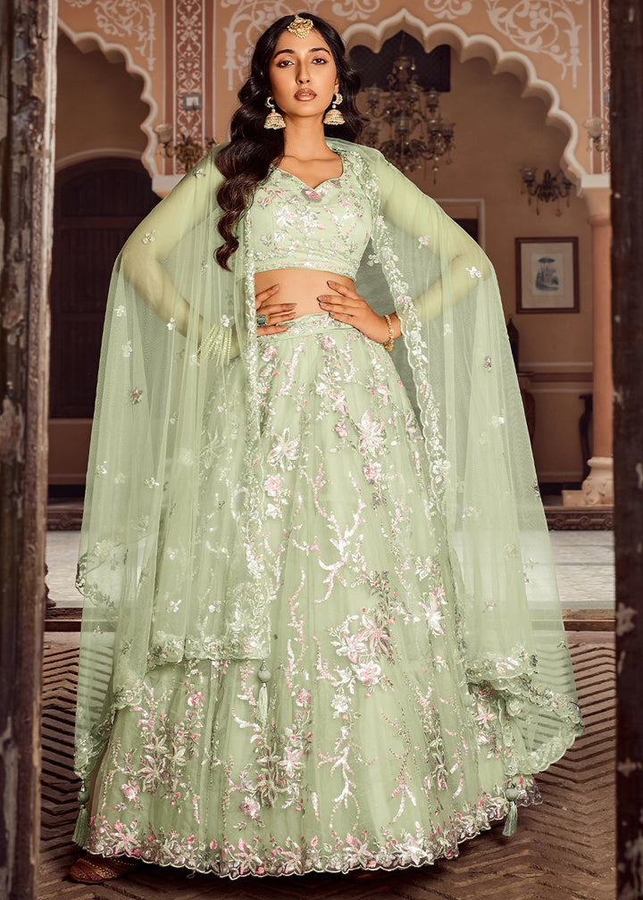 Pear Green Embroidered Net Lehenga Choli with Sequins Work