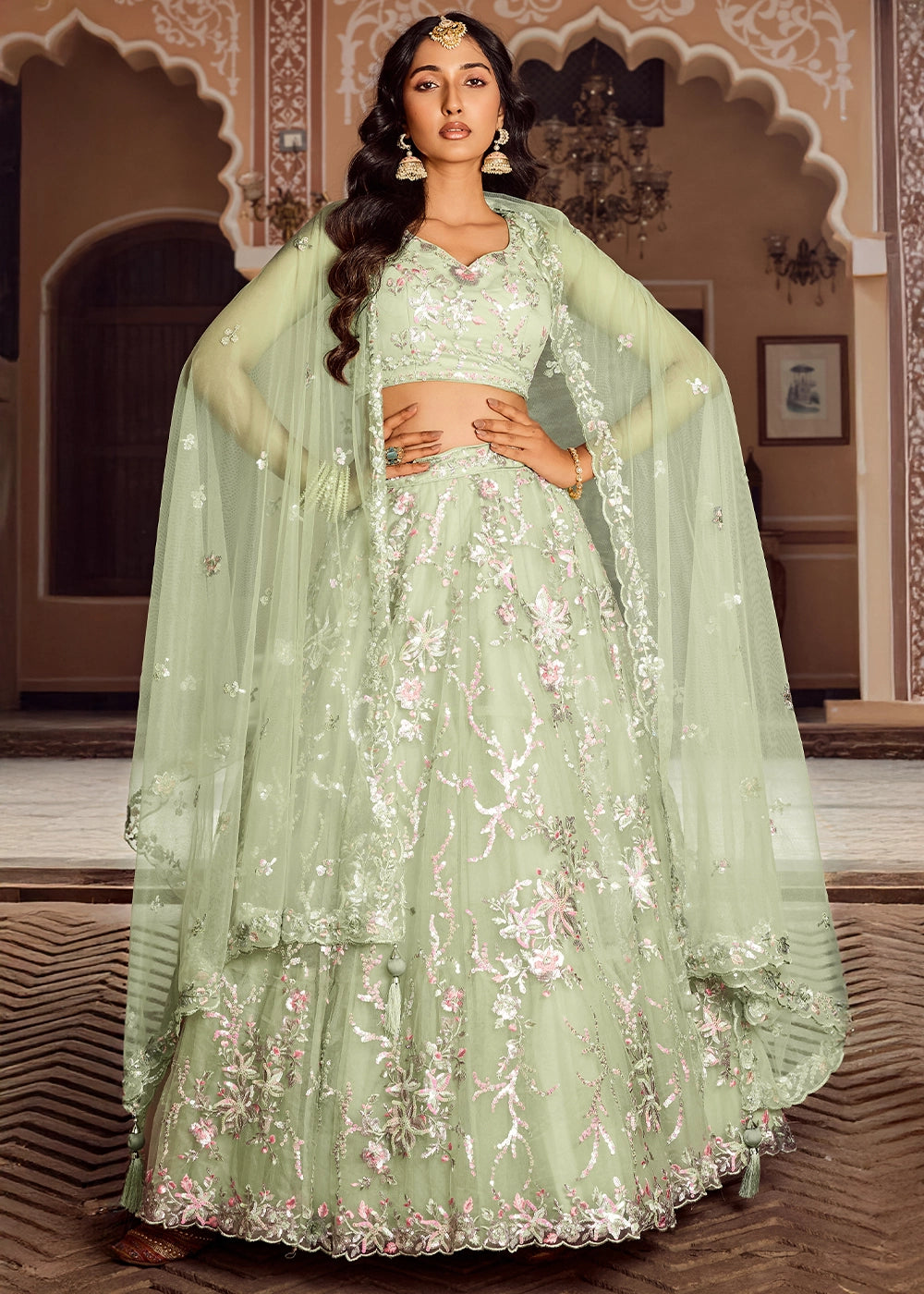 Pear Green Embroidered Net Lehenga Choli with Sequins Work