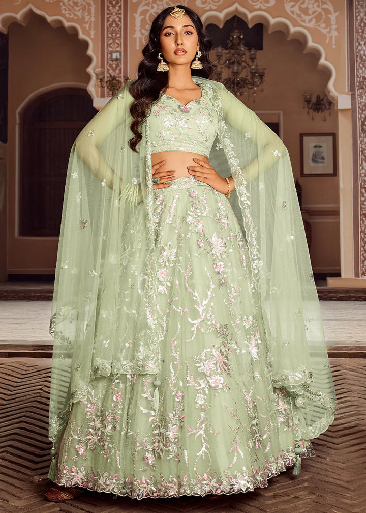 Pear Green Embroidered Net Lehenga Choli with Sequins Work