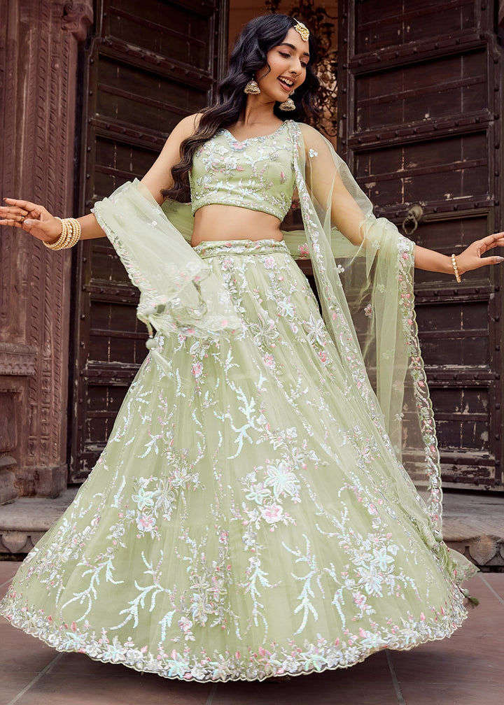 Pear Green Embroidered Net Lehenga Choli with Sequins Work
