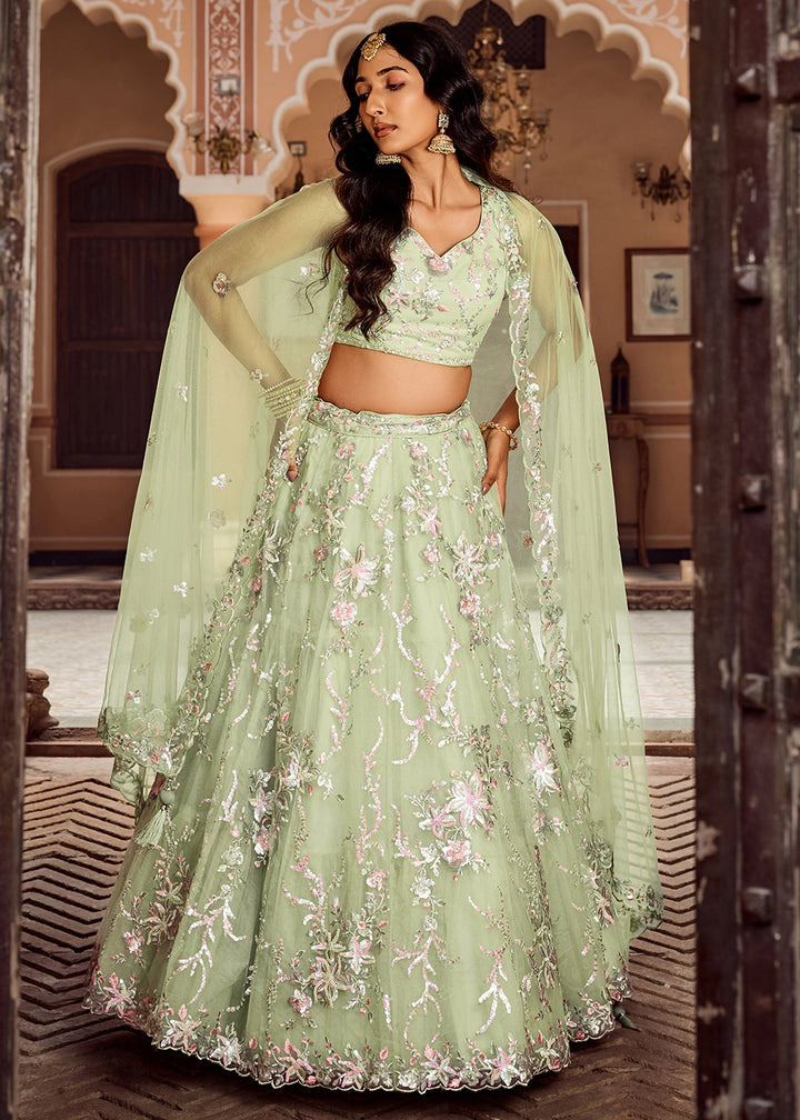 Pear Green Embroidered Net Lehenga Choli with Sequins Work