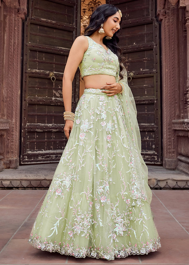 Pear Green Embroidered Net Lehenga Choli with Sequins Work