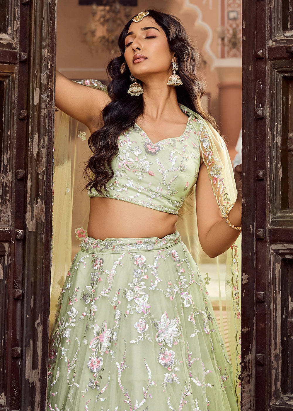 Pear Green Embroidered Net Lehenga Choli with Sequins Work