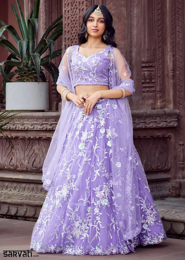 Good Tax Purple Embroidered Net Lehenga Choli with Sequins Work