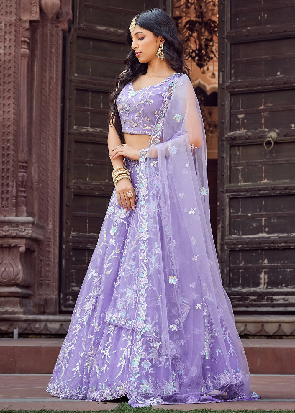 Good Tax Purple Embroidered Net Lehenga Choli with Sequins Work