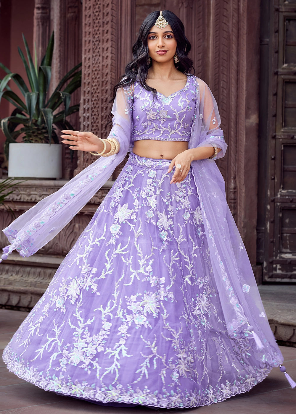 Good Tax Purple Embroidered Net Lehenga Choli with Sequins Work