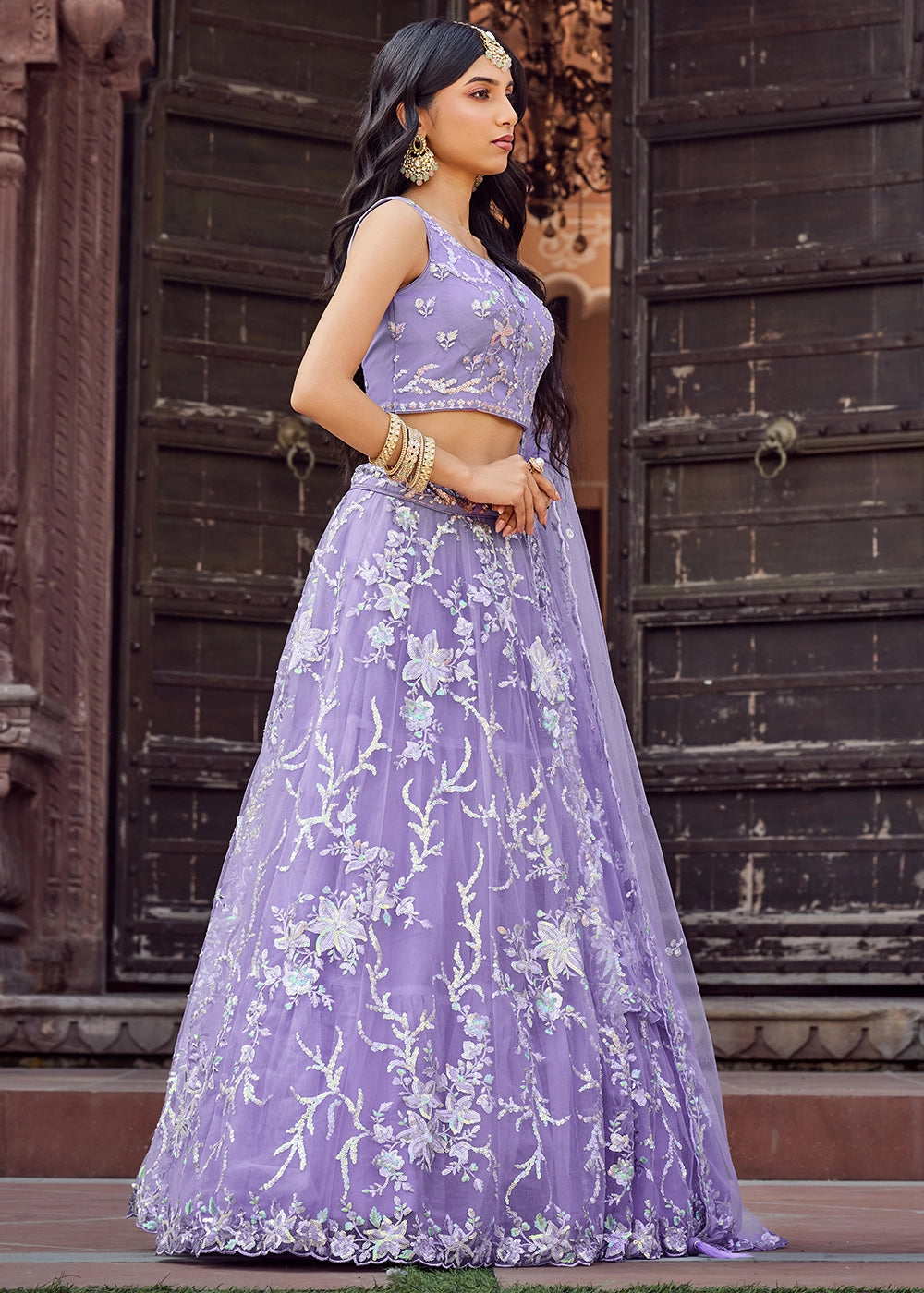 Good Tax Purple Embroidered Net Lehenga Choli with Sequins Work